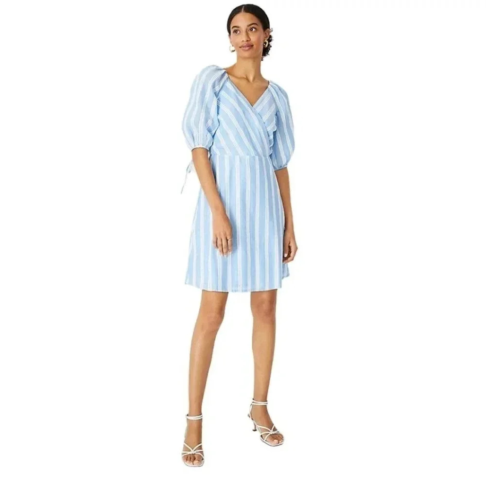 Ann Taylor Blue + White Puff Sleeve Wrap Tie Detail Mini Dress Size Medium